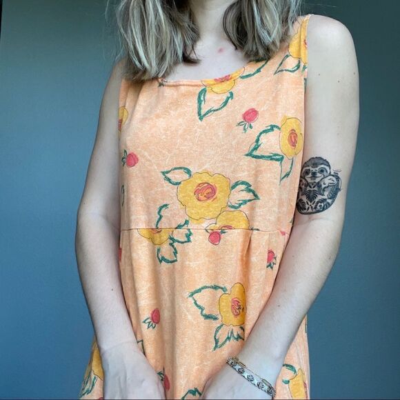 Vintage 90s Styleworks Novelty Fruit Peach Summer Maxi Tank Cotton Dress Sz L - Picture 14 of 14